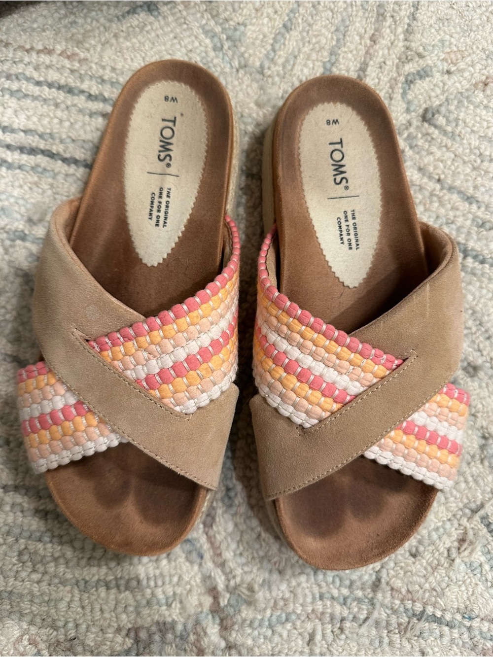TOMS Taupe Slide Mules with Pink, Yellow & Cream Woven Straps